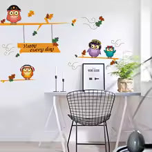 Cute Happy Owls On Tree Wall Sticker For Kids Room Background Decor Decals Child Bedroom Nursery Decoration Cartoon Animal Mural size 30x60 xh3217