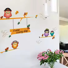 Cute Happy Owls On Tree Wall Sticker For Kids Room Background Decor Decals Child Bedroom Nursery Decoration Cartoon Animal Mural size 30x60 xh3217