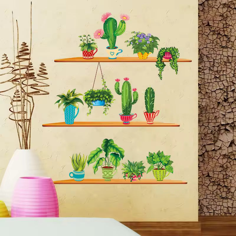 Green Garden Plant Cactus Potted Flower Pot Set 3D DIY Wall Decals/Adhesive Family Wall Sticker Mural Art Bathroom Windows Decor size 60x90 xh9309