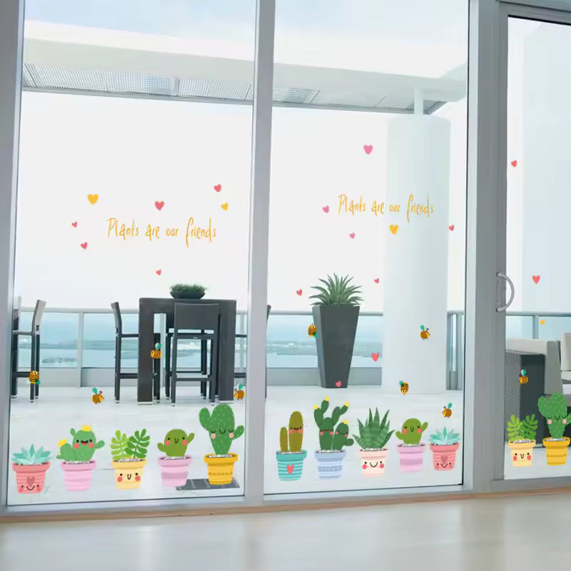Green Garden Plant Cactus Potted Flower Pot Set 3D DIY Wall Decals/Adhesive Family Wall Sticker Mural Art Bathroom Windows Decor size 60x90 xh9309