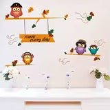 Cute Happy Owls On Tree Wall Sticker For Kids Room Background Decor Decals Child Bedroom Nursery Decoration Cartoon Animal Mural size 30x60 xh3217