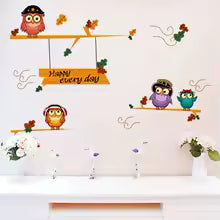 Cute Happy Owls On Tree Wall Sticker For Kids Room Background Decor Decals Child Bedroom Nursery Decoration Cartoon Animal Mural size 30x60 xh3217