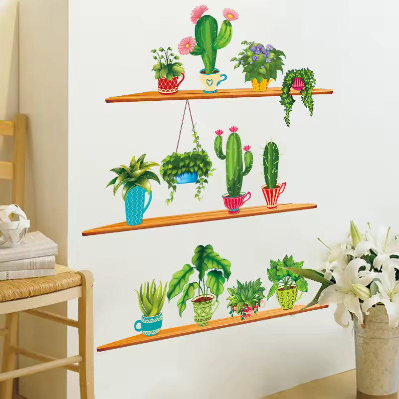 Green Garden Plant Cactus Potted Flower Pot Set 3D DIY Wall Decals/Adhesive Family Wall Sticker Mural Art Bathroom Windows Decor size 60x90 xh9309