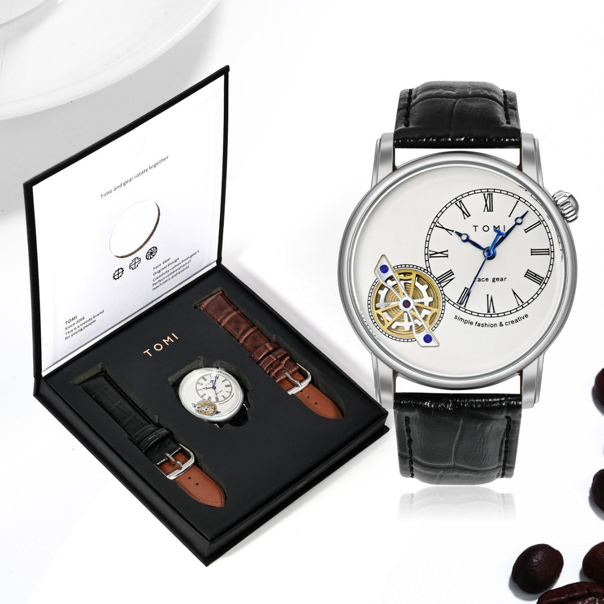 Men's Watch Analog Leather Wrist Watch – Elegant Quartz Watch with Double Strap &amp; 3ATM Waterproof ( Random Color )