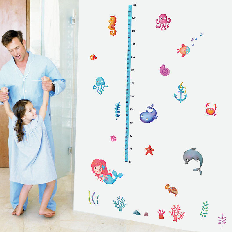 Kids Height Sticker Undersea Mermaid Wall Decal for Children's Room Kindergarten Entrance Door Decorative Height Measuring Ruler size 50x70 sk7197