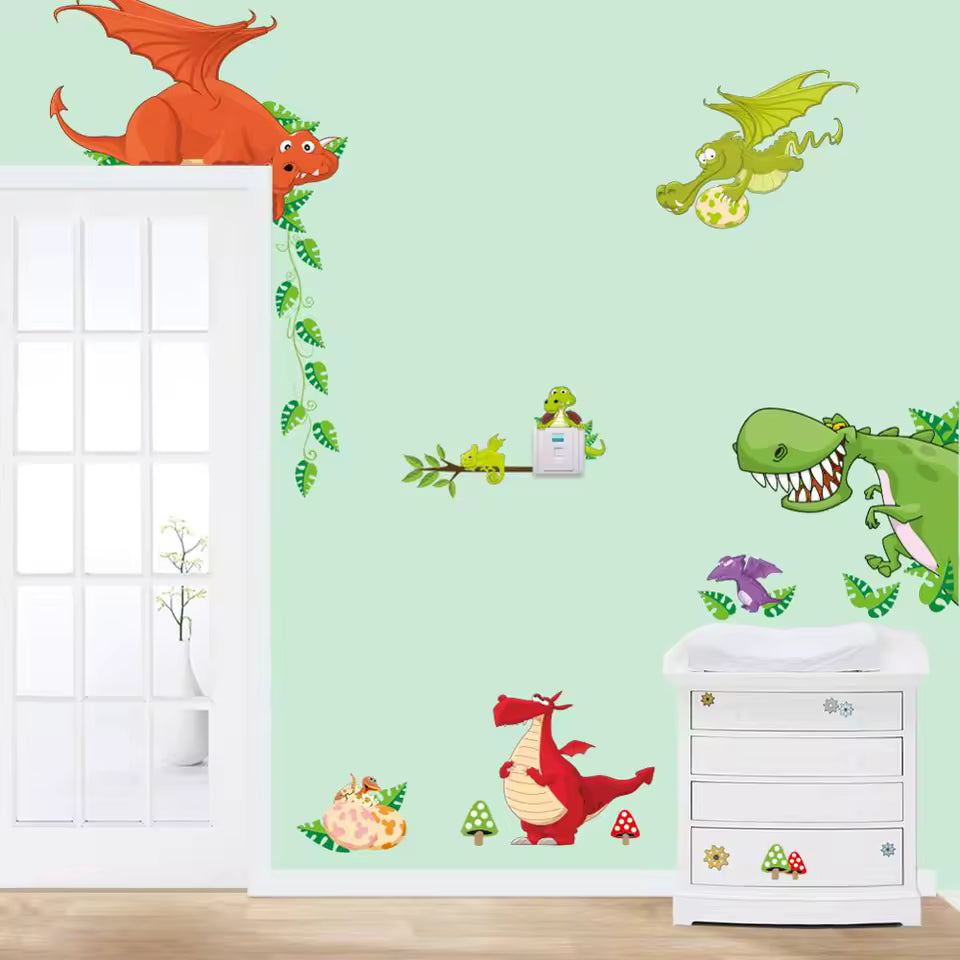 Cartoon Dinosaur Zoo Wall Sticker For Kids Room Bedroom Decoration Mural Nursery Decor Animals Cupboard Self-adhesive Wallpaper size 30x90cm cd002