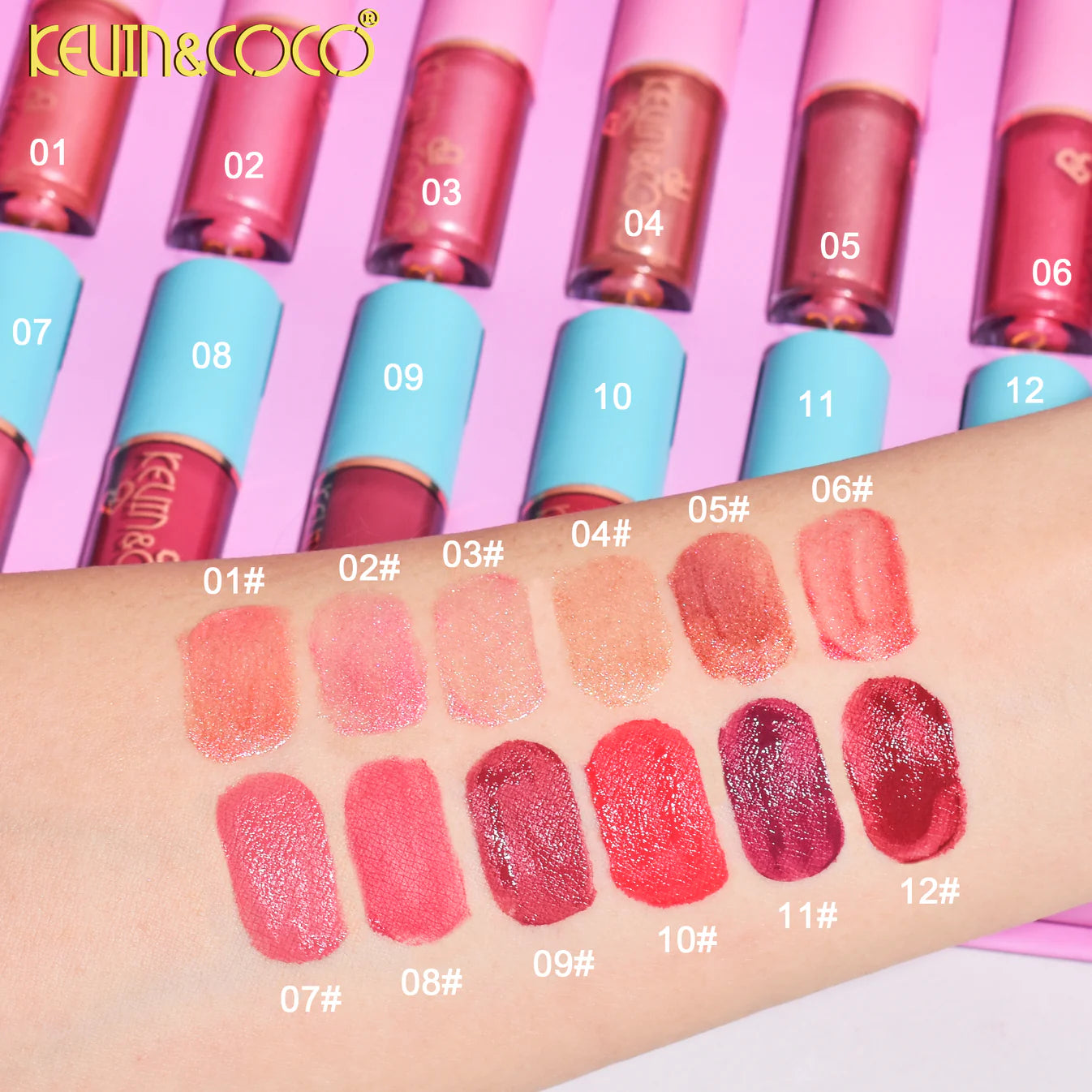 Set 12 Lip Gloss Kevin&amp;Coco, nuante de rosu si rose, cutie dreptunghiulara, 26.5x16.5x2.2 cm, 200 g, multicolor