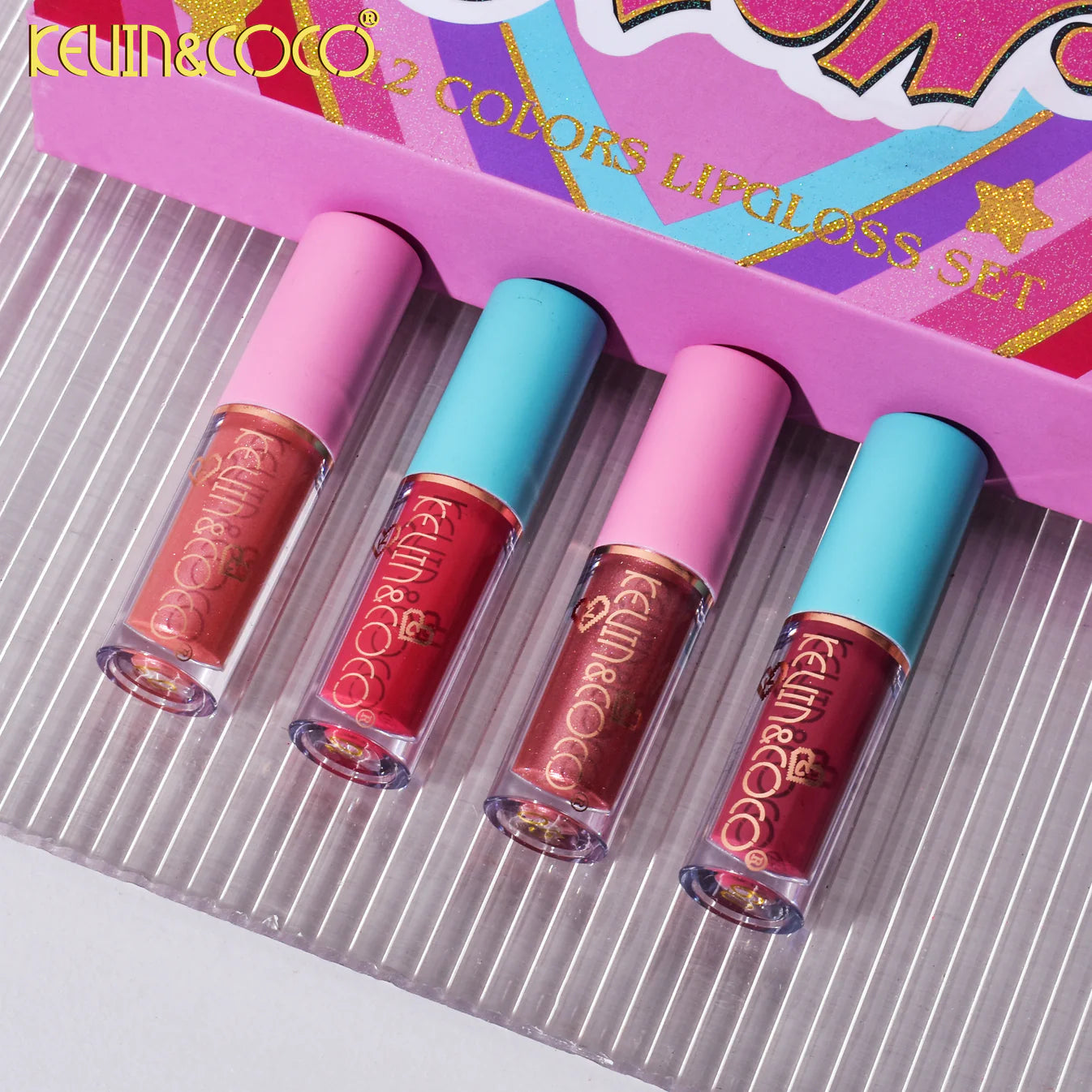 Set 12 Lip Gloss Kevin&amp;Coco, nuante de rosu si rose, cutie dreptunghiulara, 26.5x16.5x2.2 cm, 200 g, multicolor
