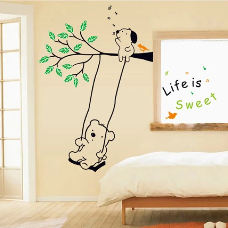 LP wholesale cartoon Winnie swing three generations removable decorative wall stickers for children's room  size 60x90cm TC979A