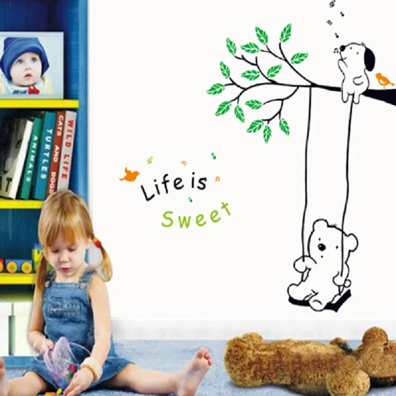 LP wholesale cartoon Winnie swing three generations removable decorative wall stickers for children's room  size 60x90cm TC979A