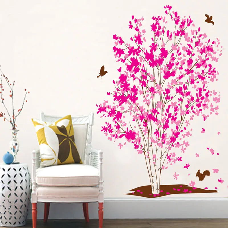 Pink Flower Tree Wall Stickers Birds For Living Home Decor Bedroom Bathroom Door Stickers Waterproof Art Decals Pvc