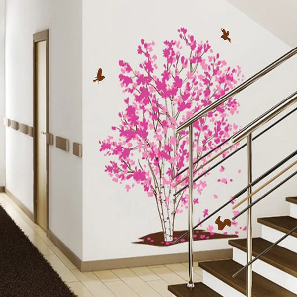 Pink Flower Tree Wall Stickers Birds For Living Home Decor Bedroom Bathroom Door Stickers Waterproof Art Decals Pvc