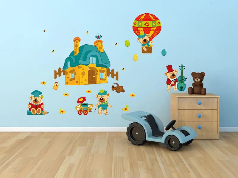 Wall Decals, Nursery Wall Stickers, Decorations for Baby Girls, Boys, Create Rooms Art Decor for Kids, Removable Vinyl Peel and Stick, Teddy Bears in Hot Air Balloon, Birds and Bees abc 1036