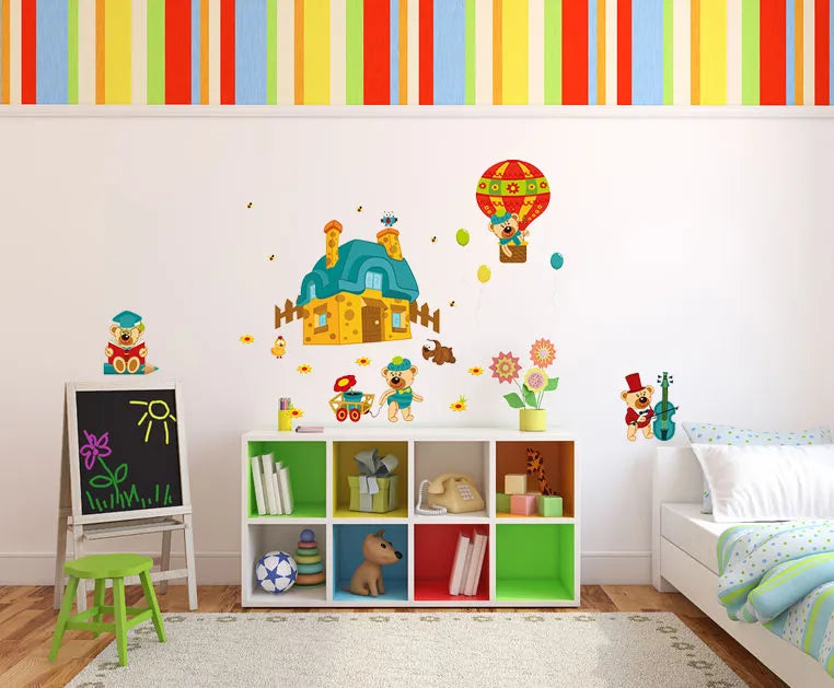 Wall Decals, Nursery Wall Stickers, Decorations for Baby Girls, Boys, Create Rooms Art Decor for Kids, Removable Vinyl Peel and Stick, Teddy Bears in Hot Air Balloon, Birds and Bees abc 1036
