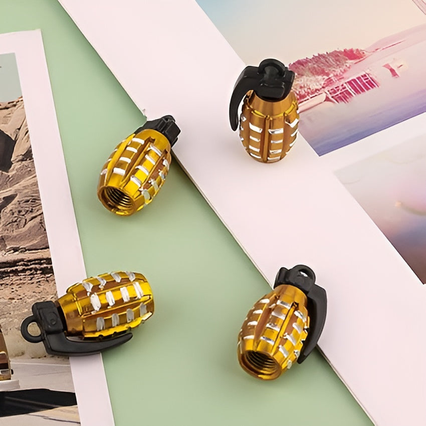Pack of 4 - Grenade Tyre Air Valve Nozzle Caps for Car and Bikes (Golden)