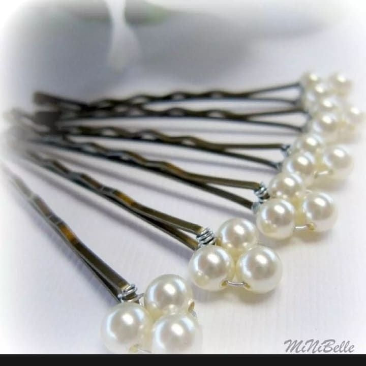 6 Piece hair bob pins with white beads and silver wire