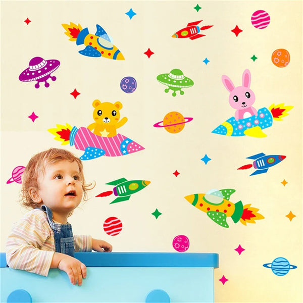 Raum astronaut cartoon wand sticker kinder zimmer weltraum planeten galaxy rakete schiff aufkleber dekorative wand hintergründe diy - AliExpress 15
