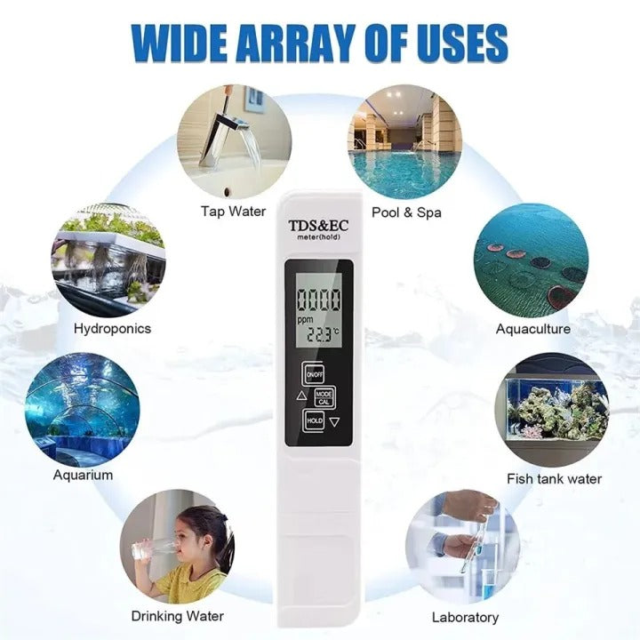 Portable Digital Water TDS, EC, And Temperature Meter (3-in-1) With ATC Function, 1ppm Resolution, 0-9990ppm Purity Tester