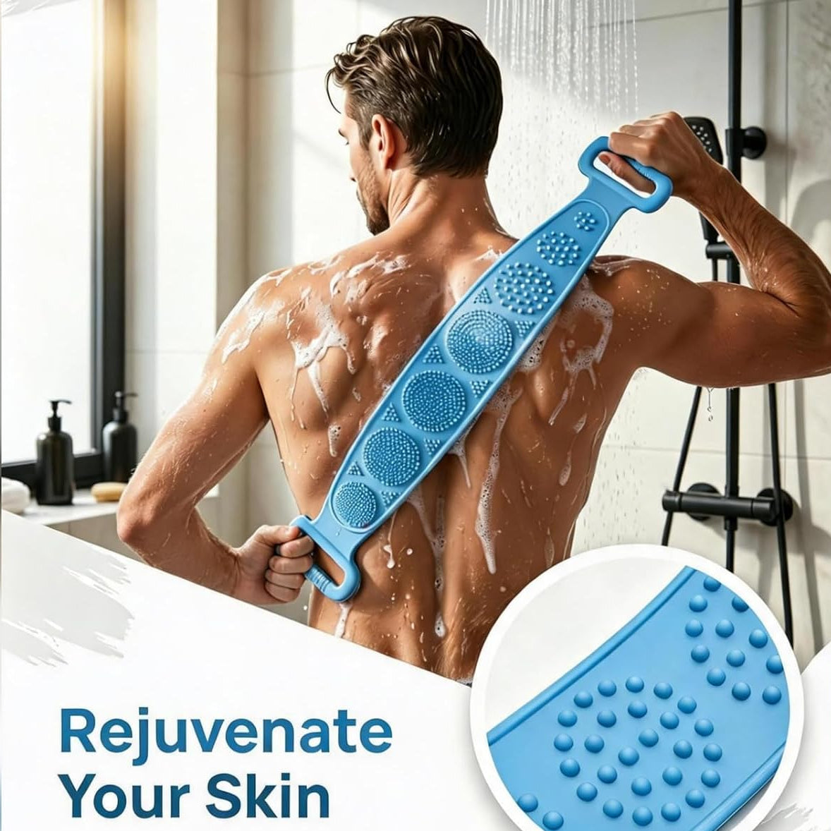 Silicone Body Scrubber Bath Belt, Exfoliating Back Washer Shower Strap with Massage Nubs for Men & Women