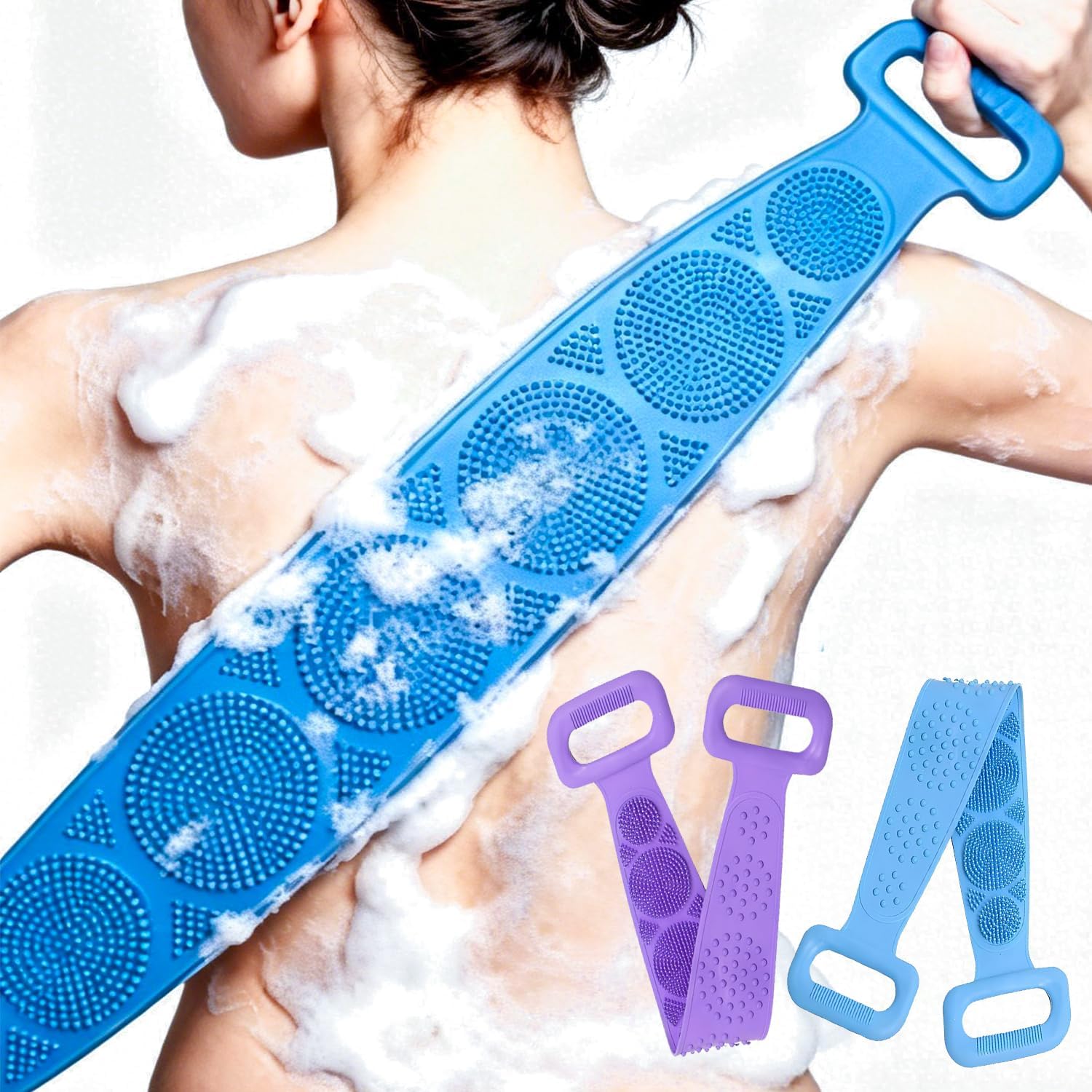 Silicone Body Scrubber Bath Belt, Exfoliating Back Washer Shower Strap with Massage Nubs for Men & Women