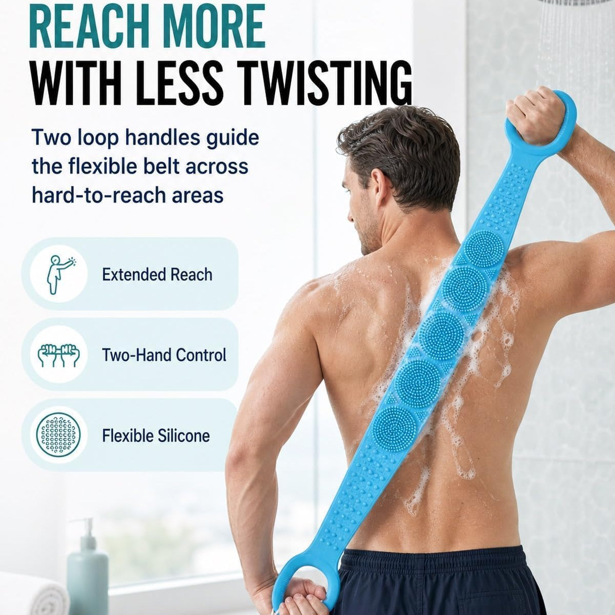 Silicone Body Scrubber Bath Belt, Exfoliating Back Washer Shower Strap with Massage Nubs for Men & Women