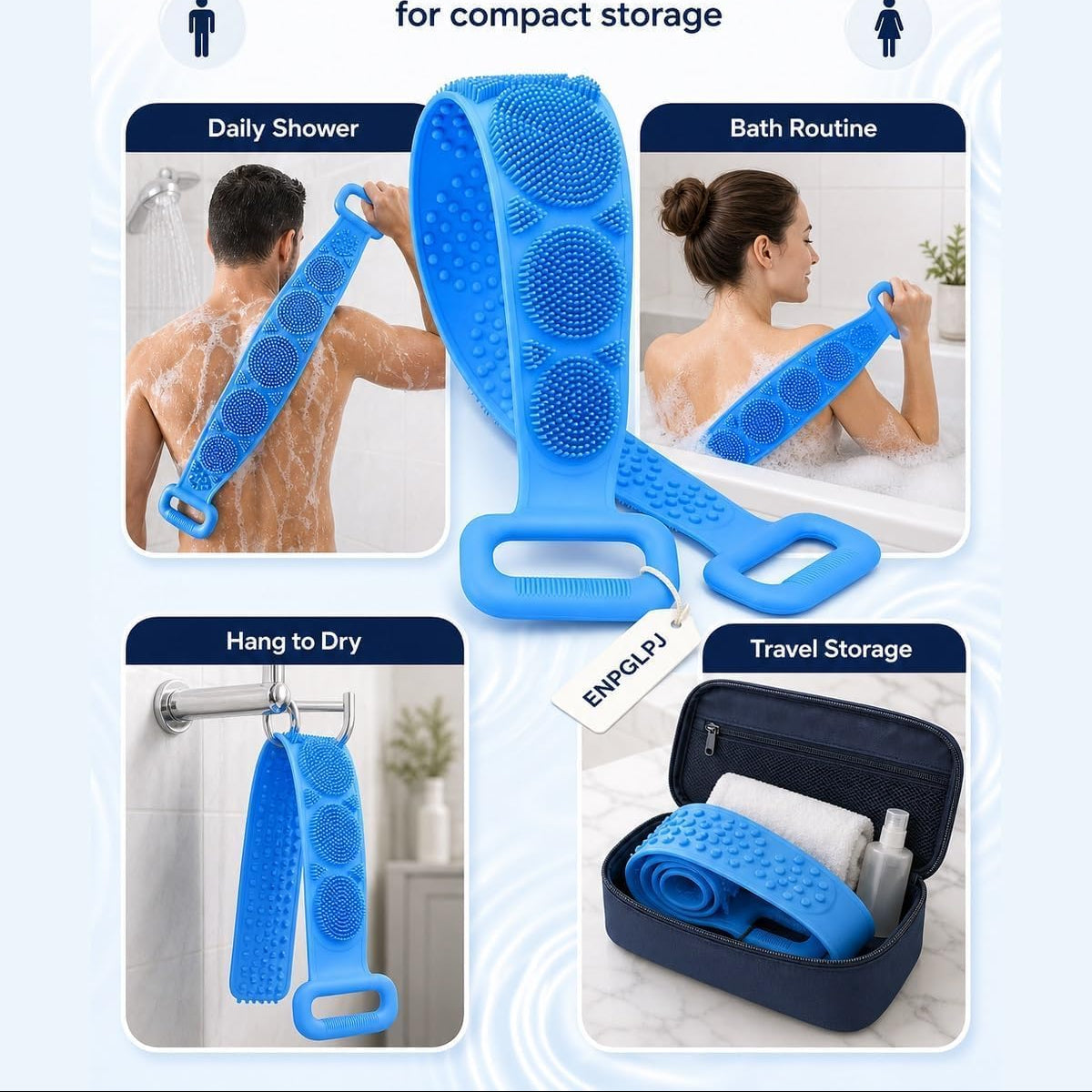 Blue silicone scrubber bath strap with a hook-and-loop closure, shown in a promotional collage with usage examples for daily shower, bath routine, hanging to dry, and travel storage. Text at the top reads 'ONE BELT MANY ROUTINES'.