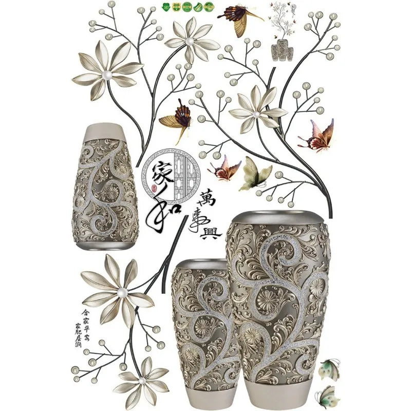 Silver Vase Flower Wall Stickers Art Butterfly Tree Home Decor