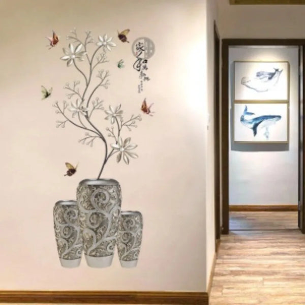 Silver Vase Flower Wall Stickers Art Butterfly Tree Home Decor