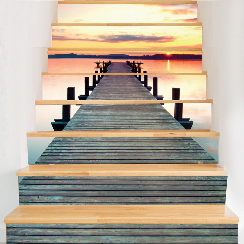 Fashion 12piece installation stair sticker, promenade, sunset, ocean, waterfall, street style waterproof can remove stair sticker JF5602 Single sheet layout size:97 * 17cm(Approx.)