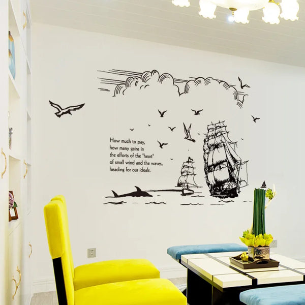 Black Beach Sea Sailboat Lighthouse Birds Wall Sticker Vinyl DIY Mural Art for Living Room Decor