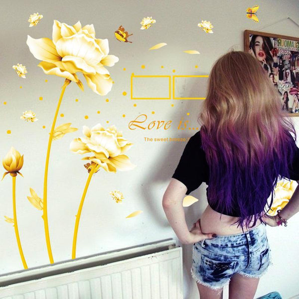XL8028 Blossoming golden flowers wall stickers living room sofa tv background wall stickers bedroom cozy living room book room office layout stickers