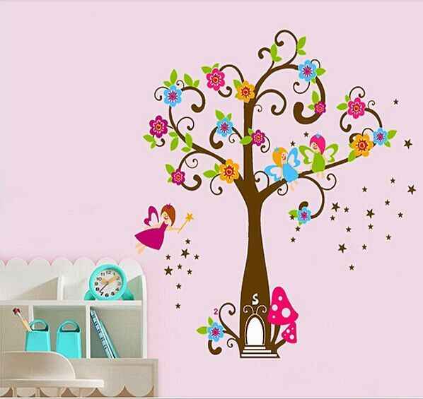 Tree Very Cute Peel Scroll Tinkle Fairy Girl DIY Removable Wall Stickers Parlor Kids Bedroom Home Decor Mural Decal JM7158