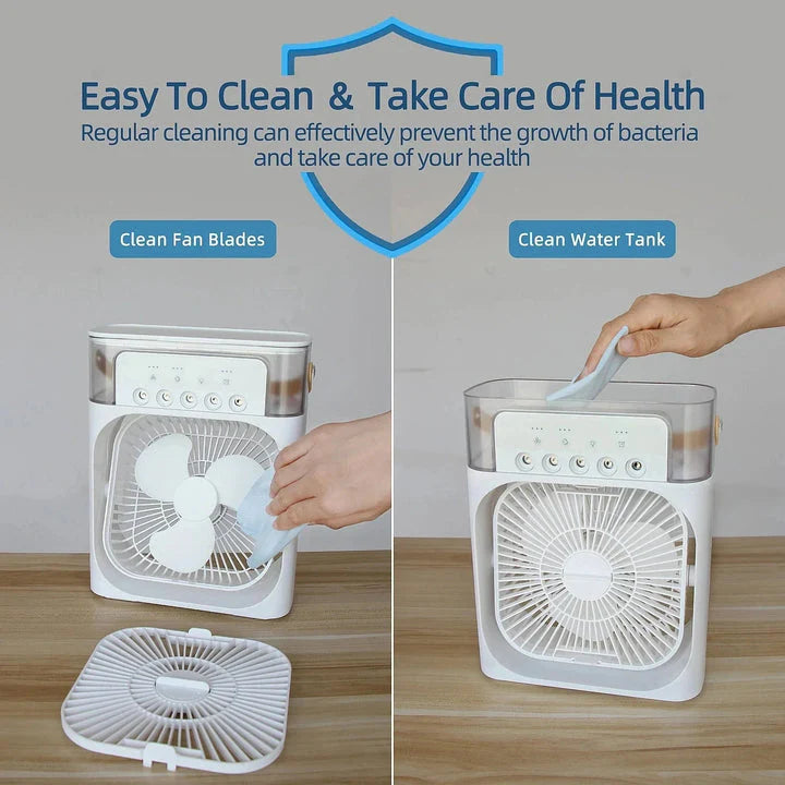Portable Air Conditioner Fan USB Electric Fan with LED Night Light, Fine Mist Water, and Humidifier Function | Led Night Light Water Mist (Random Color) - 10 Inches