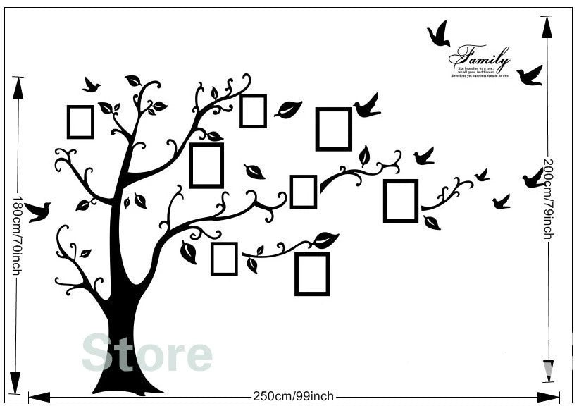Large 200x250Cm / 79x99in Black 3D DIY Photo Tree PVC Wall Decals Adhesive Family Wall Stickers Mural Art Home Decor