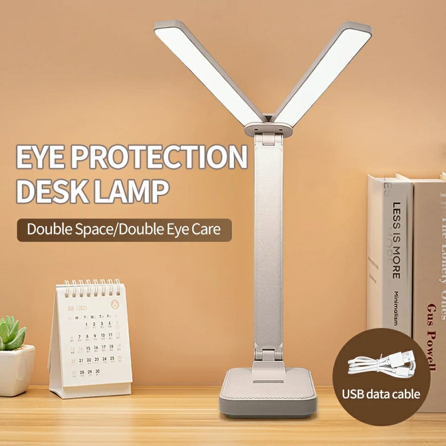 Foldable Double Head Reading LED Desk Lamp | 3 Levels Dimmable Touch Table Night Light - USB Rechargeable (Random color)