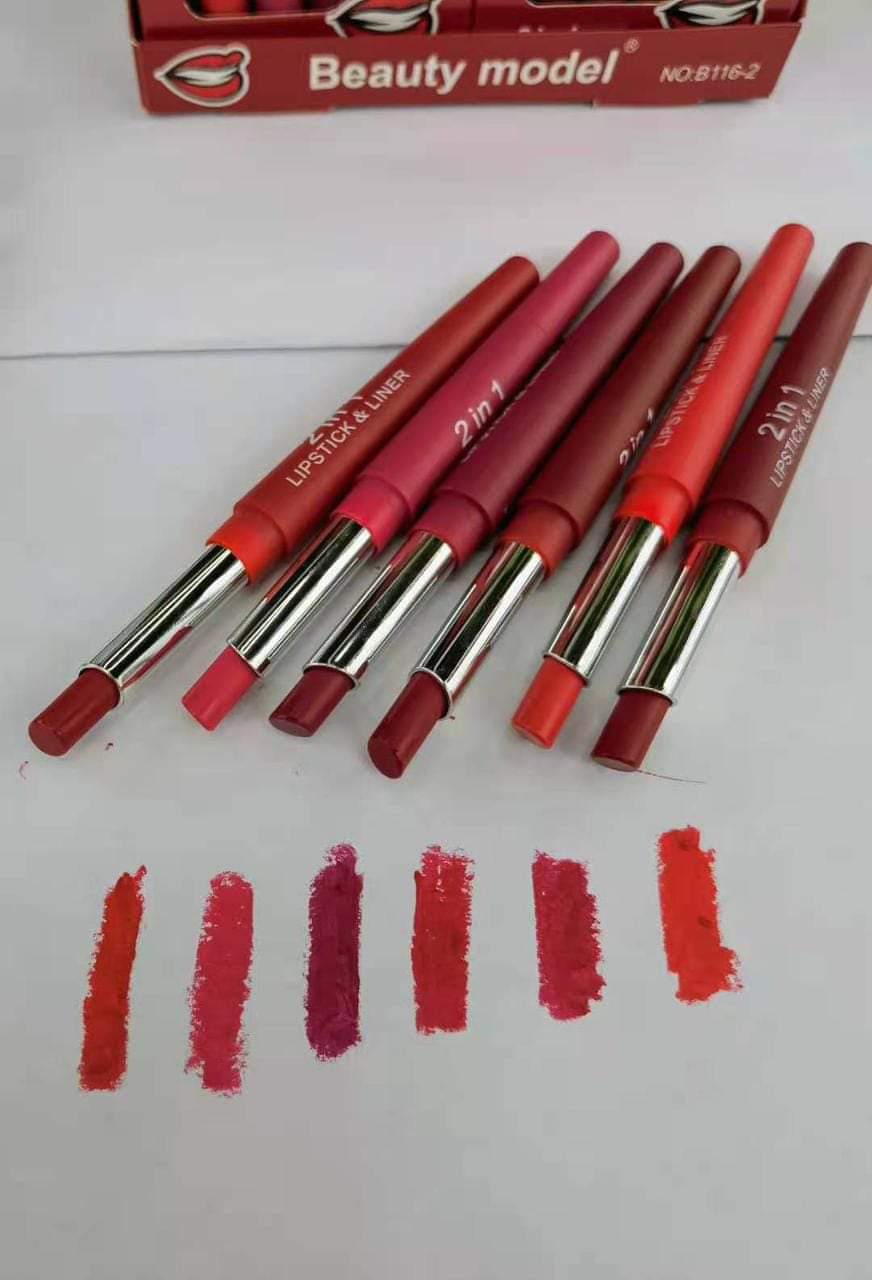 2-in-1 Lipstick &amp; Lip Liner Pack – 6 Vibrant Colors, Waterproof &amp; Long-Lasting