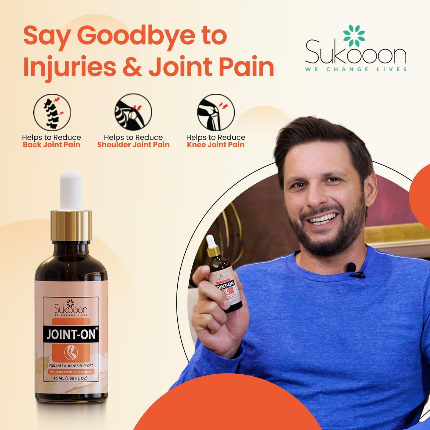 Sukoon Joint On Essential Oil Blend for pain in joints, back pain, arthritis pain, knee pain, tennis elbow, strains and sprains (30ml)