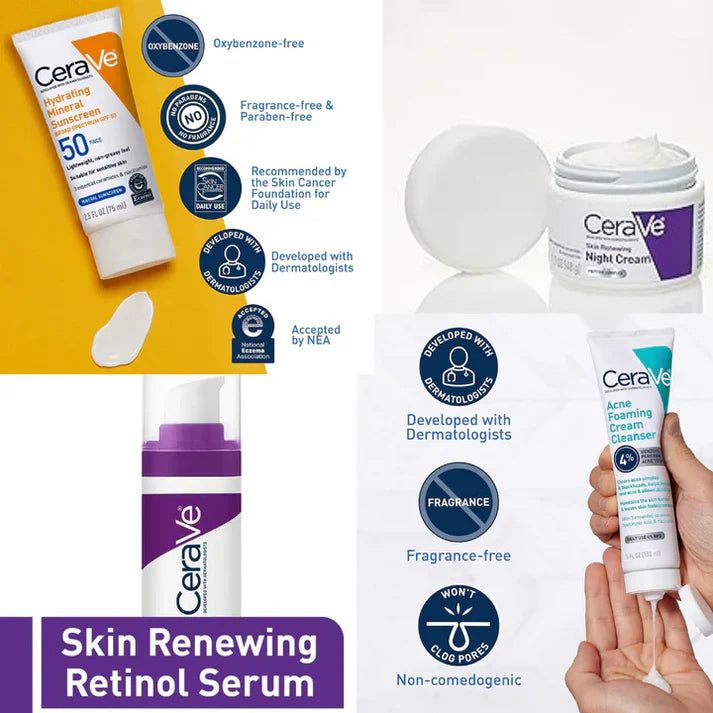 CeraVe 4 in 1 Skincare Kit Night Cream, Sunblock, Cleanser &amp; Serum for Radiant Skin