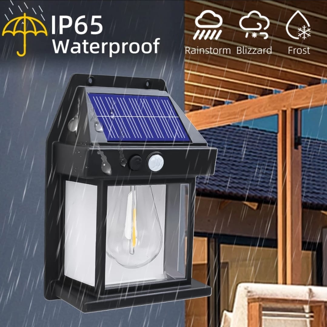 Solar Power Motion Sensor Human Body Induction LED Wall Light Waterproof Tungsten Filament Lamp Outdoor Garden Courtyard Light (Black)