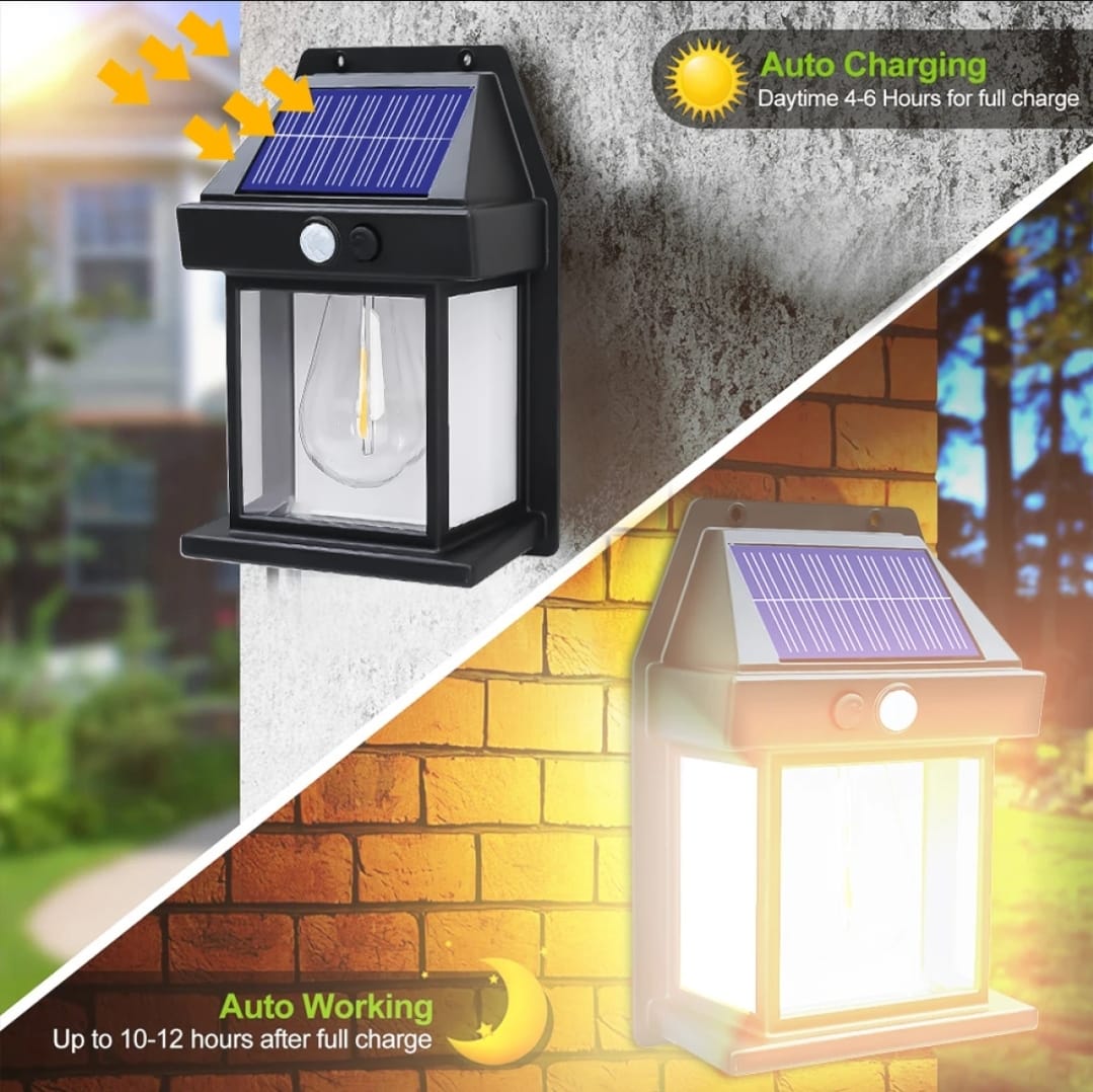 Solar Power Motion Sensor Human Body Induction LED Wall Light Waterproof Tungsten Filament Lamp Outdoor Garden Courtyard Light (Black)