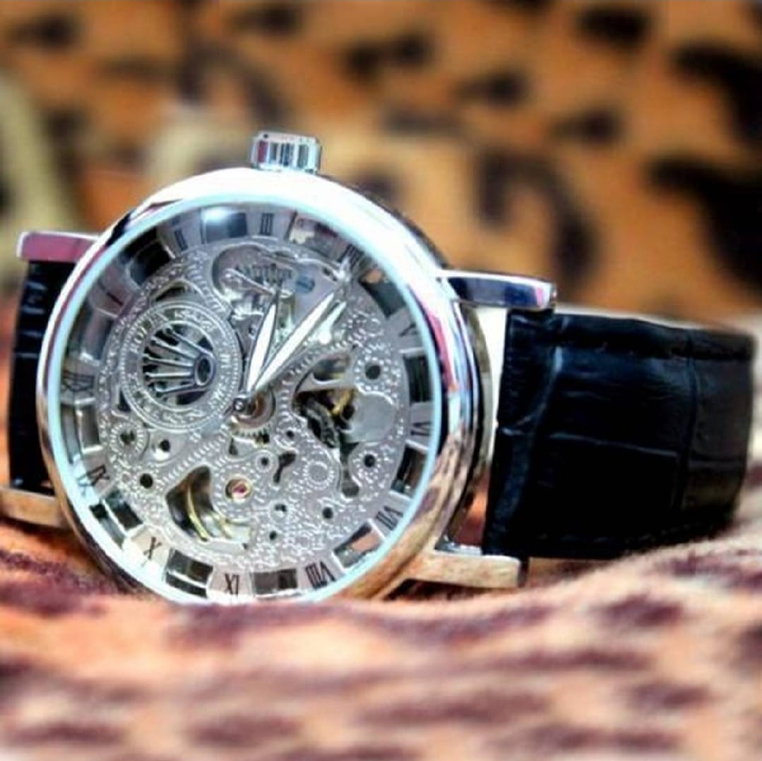 Skeleton watch  Stylish Watch leather strap ( Without Box ) - black
