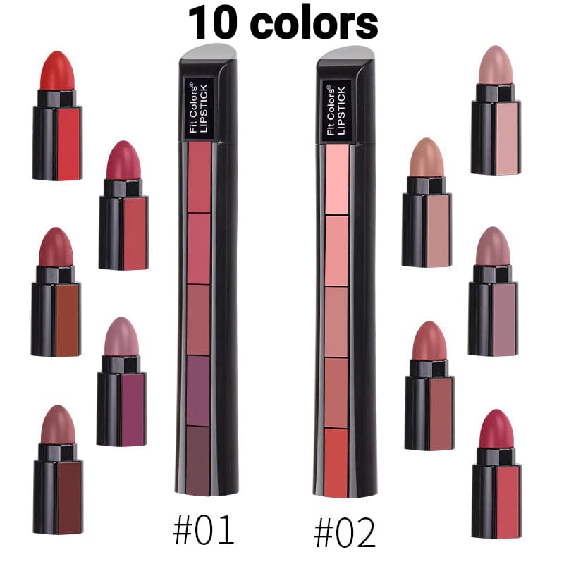 ( pack of 2 ) 5-in-1 Lipstick  | Five Shades In One| Long Lasting, Matte Finish|