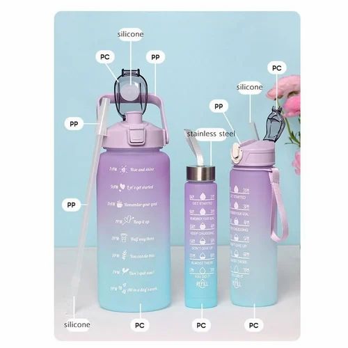 3 Pack Water Bottles with  2L Large Bottle 700MLPortable Bottle and 300ML Mini Bottle Motivational (random color)