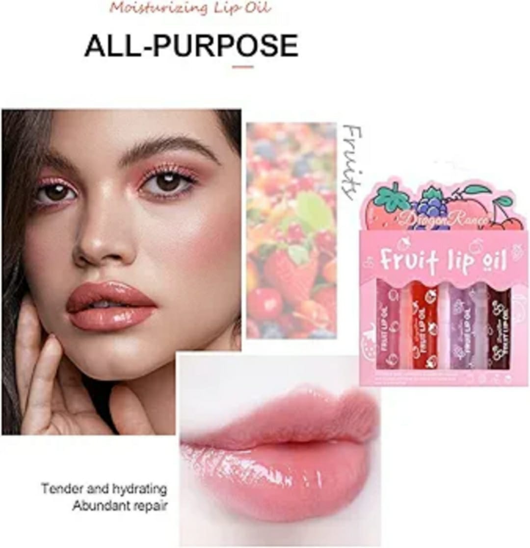 Pack of 4 - Fruit Lip Oil Non-Sticky Set In Peach, Grape, Strawberry, Cherry Flavor