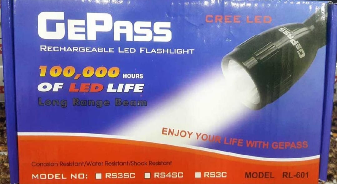 NEW EMERGENCY GePass Rechargeable LED Flashlight, 100,000 Hours of LED Life, Long Range Beam, CREE LED, Outdoor and Indoor Lights, Bright Light, Camping Torch | GeePas RL 601