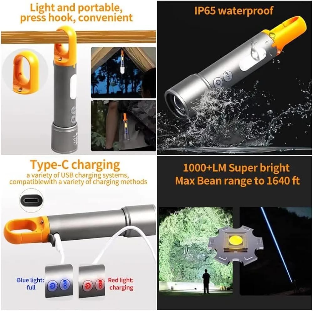 Rechargeable Tactical Flashlight High Lumens, Brightest Flashlights for Emergencies Camping COB Sidelight, Zoomable Multicolor Lenses Flashlight Hiking Hunting