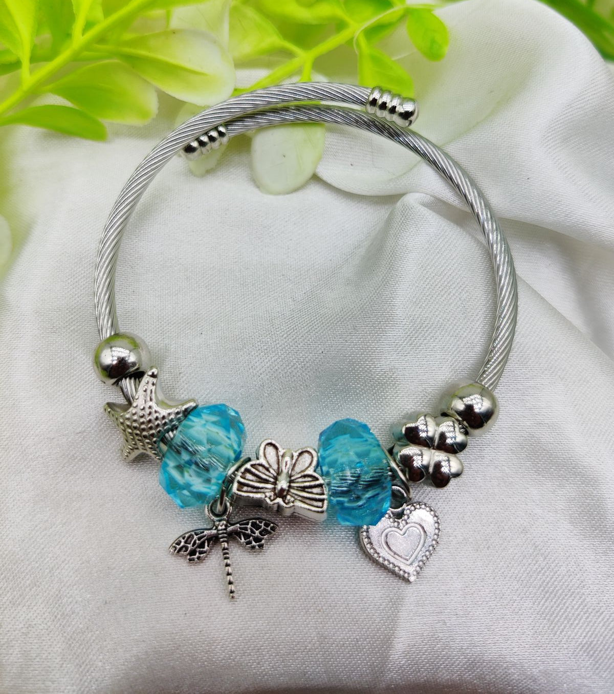 Imported Elegant Pandora-Inspired Silver Charm Bracelet with Ocean Blue Beads &amp; Delicate Charms| Best Quality Bracelet For Girls &amp; Women