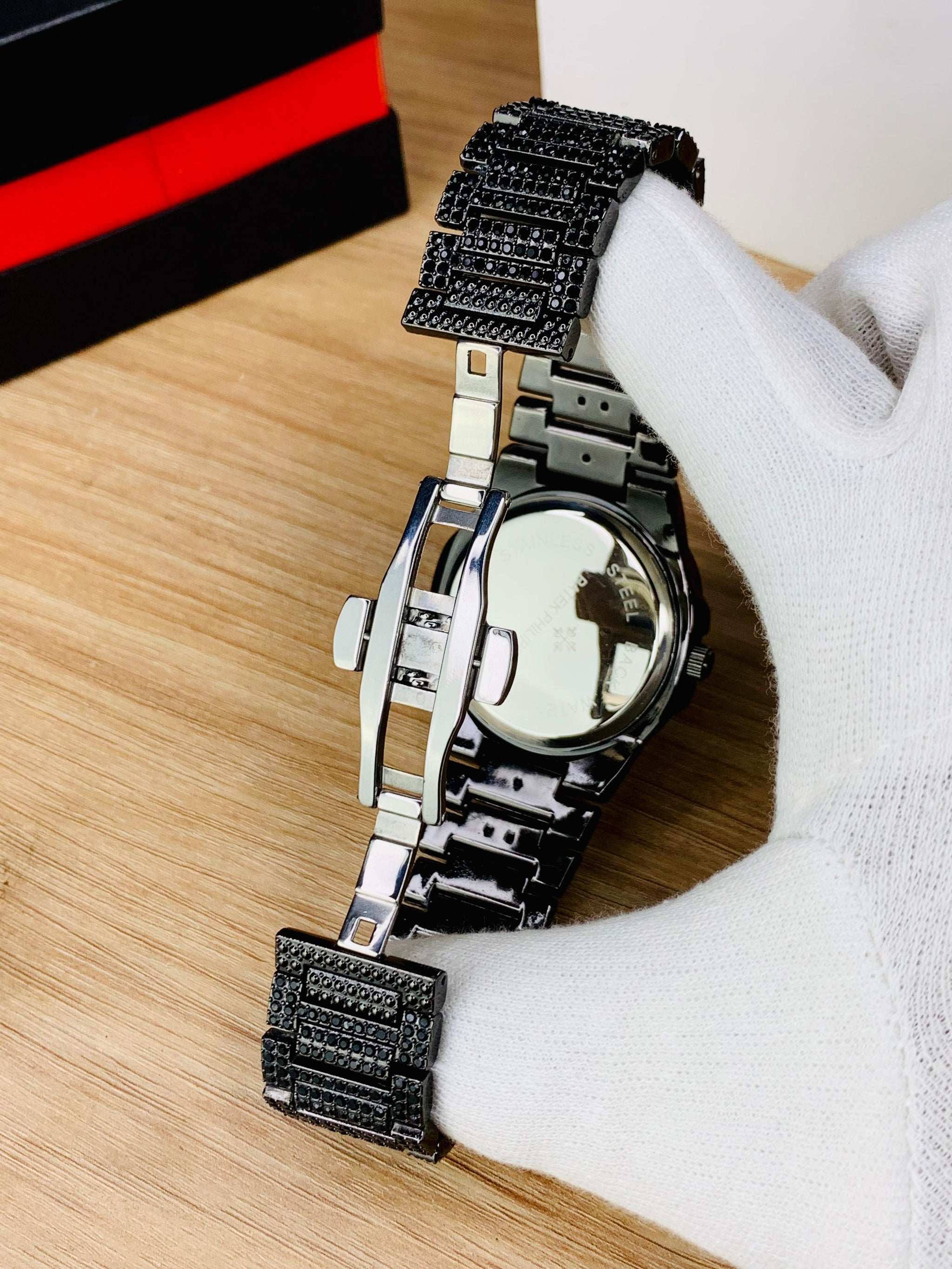 NEW Watch Collection Black Stone / Blacked Iced Out Stain-Less Steel Chain Watch For Mens Fashion (Black Without Box)