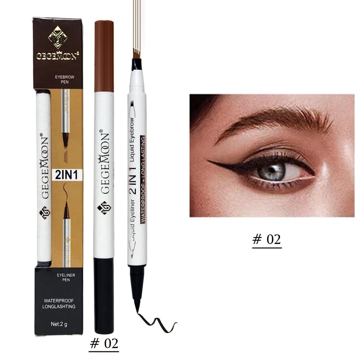 1Pc Gegemoon 1Pcs Waterproof 2 In 1 Long Lasting Liquid Eyeliner &amp; Liquid Eyebrow Pencil - Black