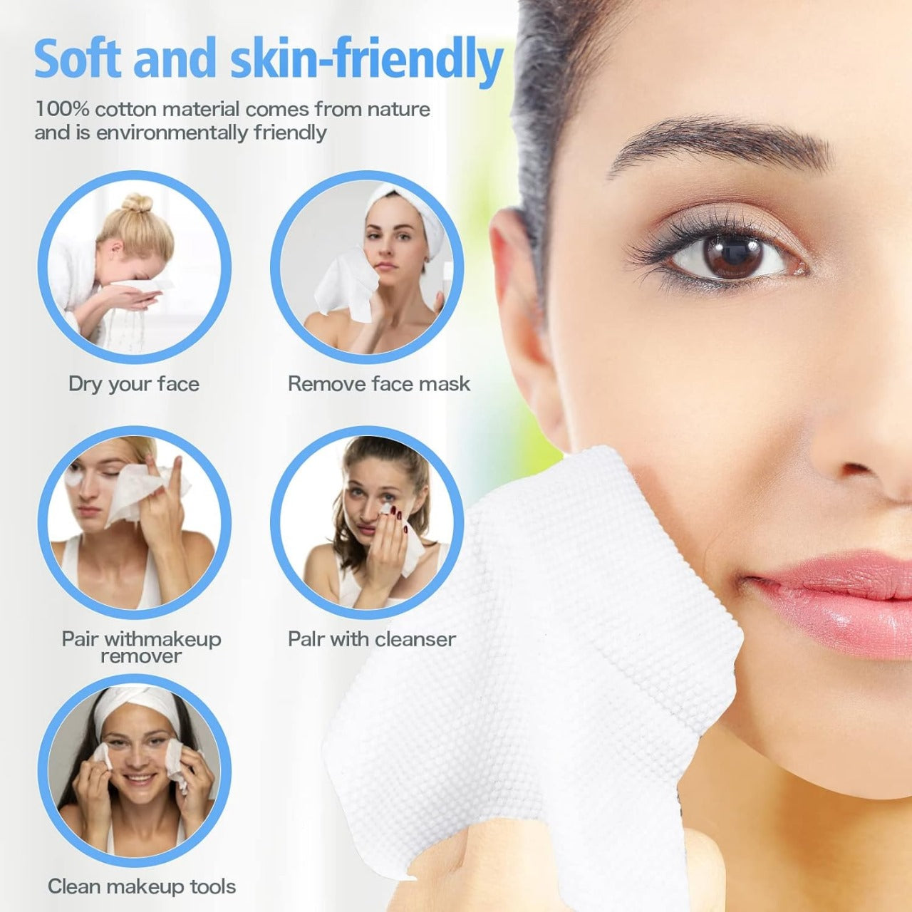 Disposable Face Towel – 70 Pcs Ultra Soft, Thickened Cotton Tissues | Lint-Free, Multi-Purpose Facial Dry Wipes for Skincare, Makeup Removal &amp; Cleansing